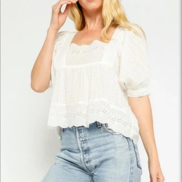 Olivaceous Tops - Olivaceous Square Neck Babydoll Boho White Eyelet Blouse Puff Sleeve